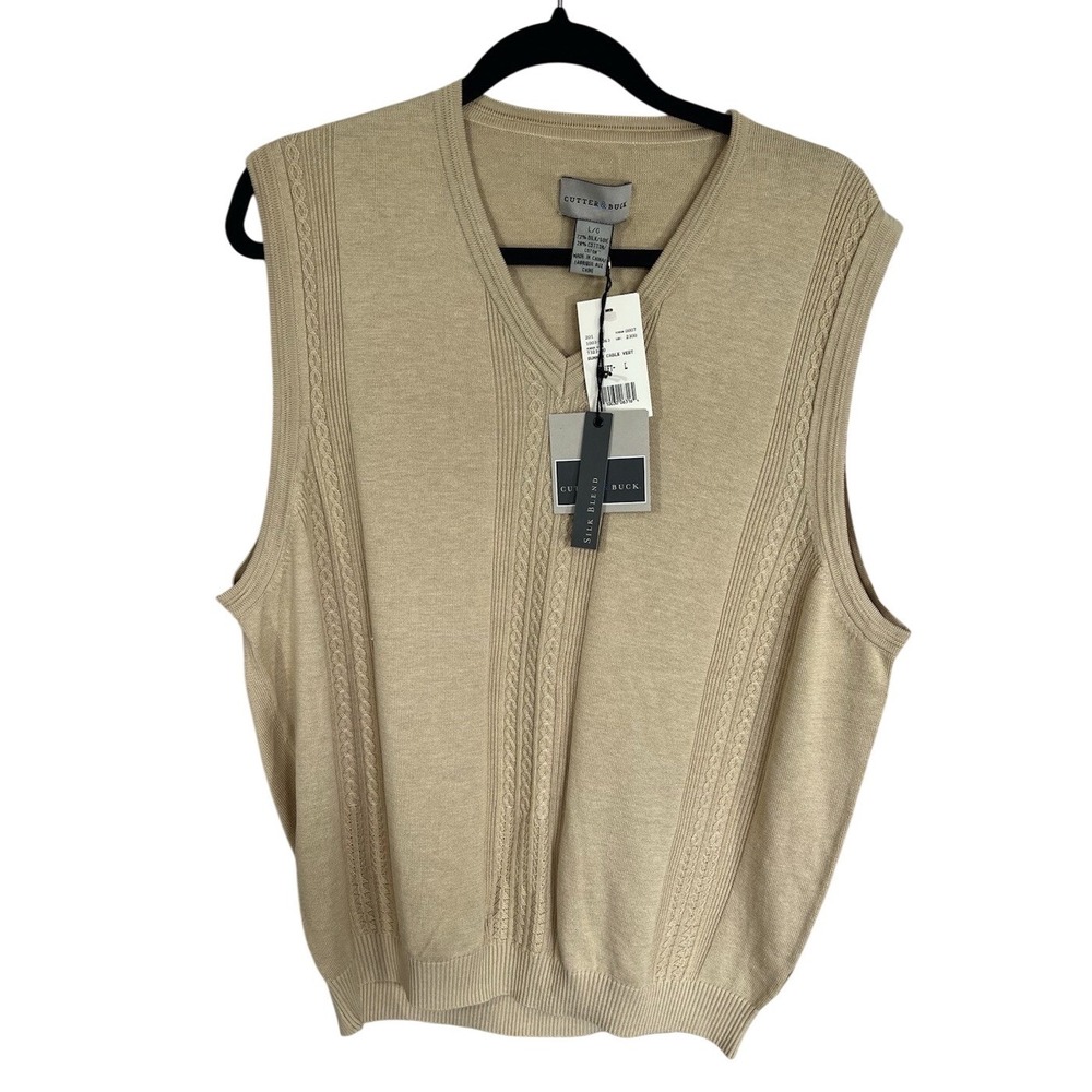 Cutter & Buck Mens Sweater Vest L Tan Silk/Cotton Summer Golf Preppy Teacher NWT